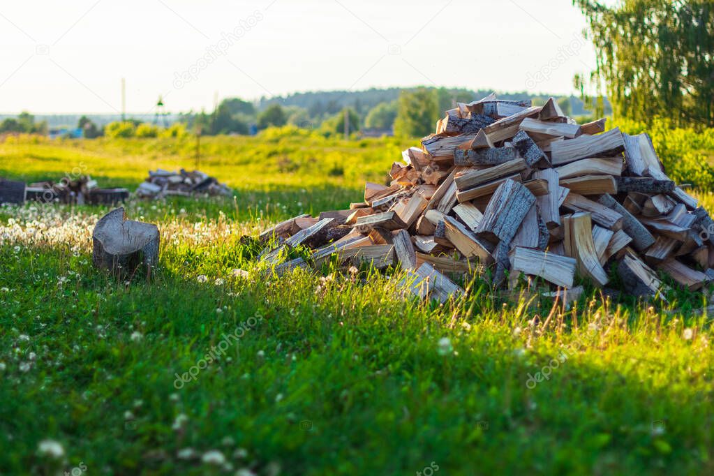 Pile of chopped stack firewood on grass on summer day