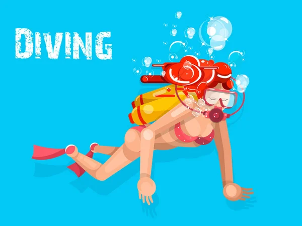 Una joven en traje de buceo haciendo snorkel. Ilustración de dibujos animados planos vectoriales sobre un fondo aislado — Archivo Imágenes Vectoriales