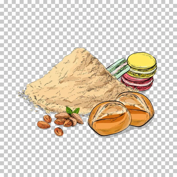 Flour And Fresh baking. piece of cake, cookie on transparent background Related Illustration In Bright Cartoon Style — Stock Vector