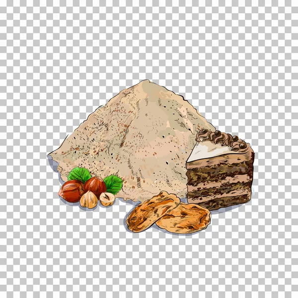 Αλεύρι και φρέσκο ψήσιμο. κομμάτι του κέικ, cookie σε διαφανές φόντο σχετικό εικονογράφηση στο φωτεινό Cartoon Style — Διανυσματικό Αρχείο