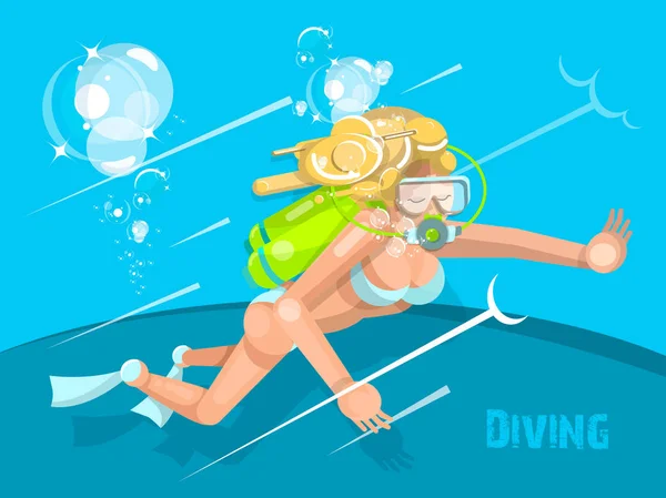 Egy fiatal nő a búvárruha snorkeling. Vektor lapos rajzfilm illusztráció egy elszigetelt háttér — Stock Vector
