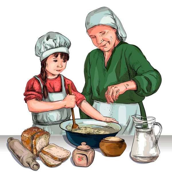 Две Женщины Готовят Кухне Черно Белый Векторный Эскиз Простой Рисунок — стоковый вектор
