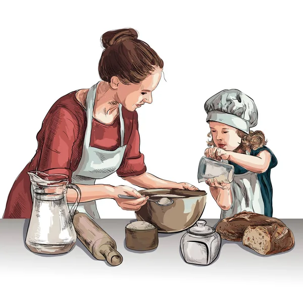 Δύο Γυναίκες Μαγείρεμα Στο Σκίτσο Διάνυσμα Κουζίνα Μαύρο Και Άσπρο — Διανυσματικό Αρχείο