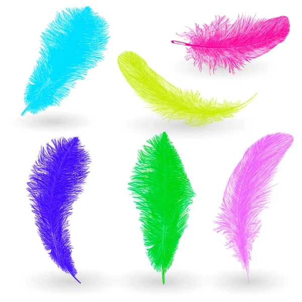 Conjunto Plumas Giradas Blancas Suaves Caidas Aisladas Sobre Fondo Azul — Vector de stock