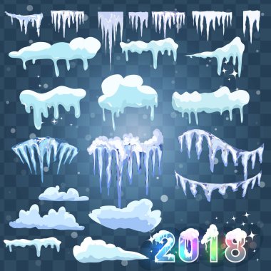 Web sitesi için yeni yıl dekorasyon seti. İzole kar kapaklar menü çubuğu ve düğmeleri ayarlamak. Raster buz sarkıtları ve kar taneleri