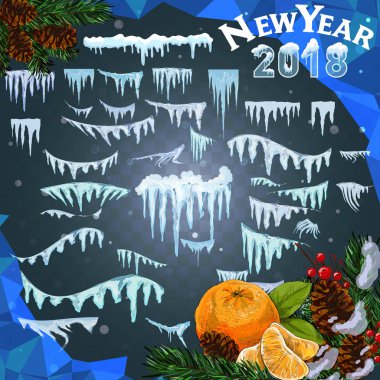 Web sitesi için yeni yıl dekorasyon seti. İzole kar kapaklar menü çubuğu ve düğmeleri ayarlamak. Raster buz sarkıtları ve kar taneleri