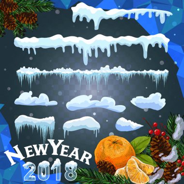 Web sitesi için yeni yıl dekorasyon seti. İzole kar kapaklar menü çubuğu ve düğmeleri ayarlamak. Raster buz sarkıtları ve kar taneleri