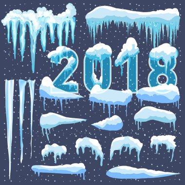 Web sitesi için yeni yıl dekorasyon seti. İzole kar kapaklar menü çubuğu ve düğmeleri ayarlamak. Raster buz sarkıtları ve kar taneleri