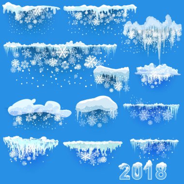 Web sitesi için yeni yıl dekorasyon seti. İzole kar kapaklar menü çubuğu ve düğmeleri ayarlamak. Raster buz sarkıtları ve kar taneleri