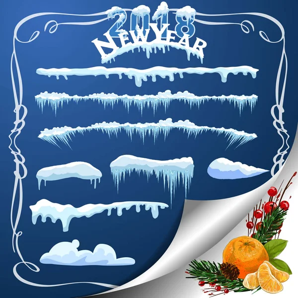 Web sitesi için yeni yıl dekorasyon seti. İzole kar kapaklar menü çubuğu ve düğmeleri ayarlamak. Raster buz sarkıtları ve kar taneleri