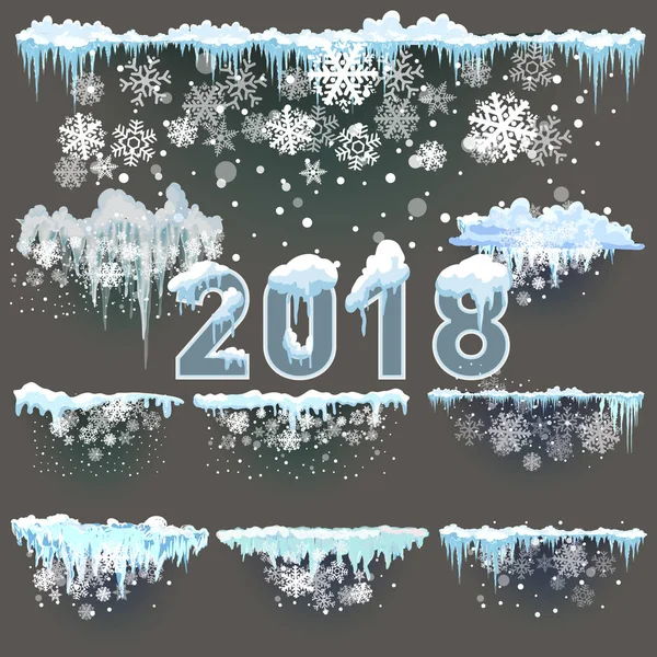 新年装饰套件的网站 在菜单栏和按钮上设置了独立的雪帽 光栅冰柱和雪花 — 图库照片