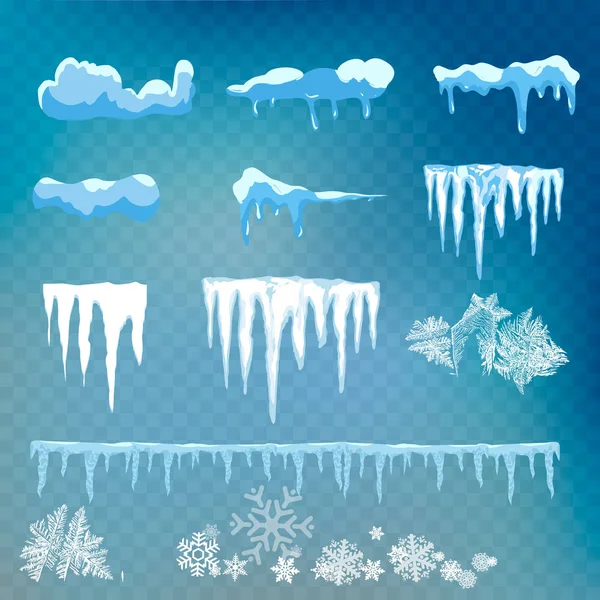 Vector Set Sneeuw Caps Ijspegels Sneeuwbal Sneeuwjacht Geïsoleerd Transparante Achtergrond — Stockvector