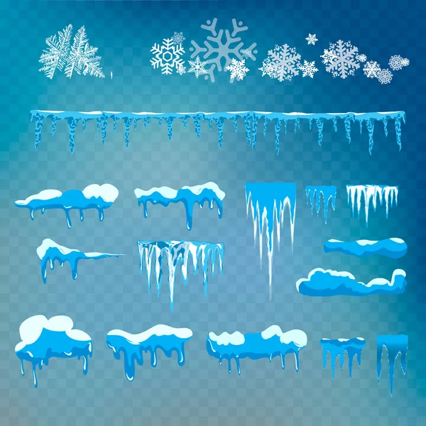雪キャップ つらら 透明な背景に分離された雪の吹きだまりのベクトルを設定します 冬の装飾品 — ストックベクタ