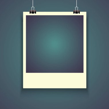 Gölge izole mavi zemin üzerine, boş Fotoğrafçılık anlık görüntü şablon ile yapışkan bant ile gerçekçi fotoğraf çerçevesi.