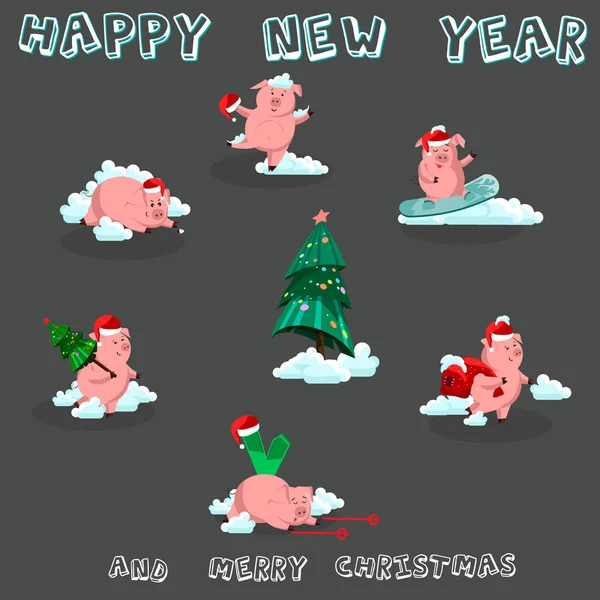 Yeni Yılınız Kutlu Olsun. Şirin komik domuz kümesi. 2019 yıl Çince sembolü. Tasarımınız için mükemmel Festival hediye kartı.