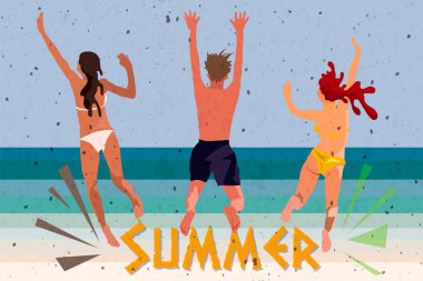 Gençler yüzme takım elbise ve şort, karikatür tarzı içinde sahilde dans beyaz arka plan üzerinde izole çizimler vektör. Genç erkekler ve kadınlar, çocuklar ve kızlar dans