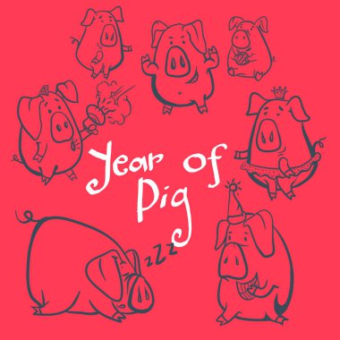 Şirin komik domuz. Yeni Yılınız Kutlu Olsun. 2019 yıl Çince sembolü. Mükemmel Festival hediye kartı.