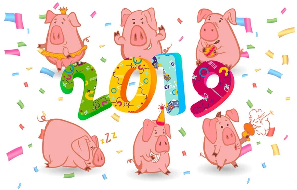 一套中国象征的2019年猪有不同的情绪 矢量隔离插图 — 图库矢量图片