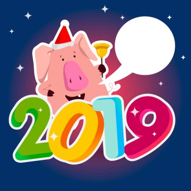 Şirin komik domuz. Yeni Yılınız Kutlu Olsun. 2019 yıl Çince sembolü. Mükemmel Festival hediye kartı.