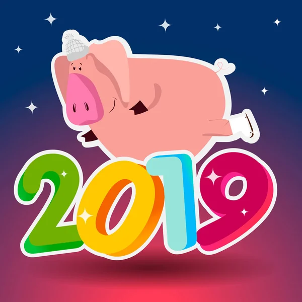 かわいい面白い豚 明けましておめでとう 2019 年の中国のシンボル 優秀なお祝いギフト カード — ストックベクタ