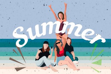 Gençler yüzme takım elbise ve şort, karikatür tarzı içinde sahilde dans beyaz arka plan üzerinde izole çizimler vektör. Genç erkekler ve kadınlar, çocuklar ve kızlar dans