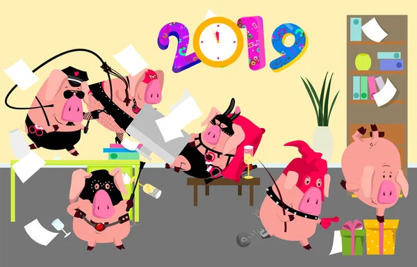 さまざまな感情と 2019 年豚の中国のシンボルのセットします 分離したベクトル図 — ストックベクタ