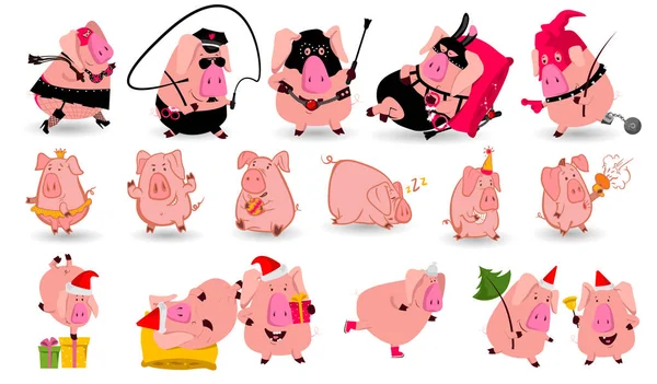 一套中国象征的2019年猪有不同的情绪 矢量隔离插图 — 图库矢量图片