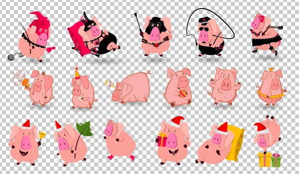 Çince sembolü farklı duygular 2019 yıl domuzla set. İzole vektör çizim