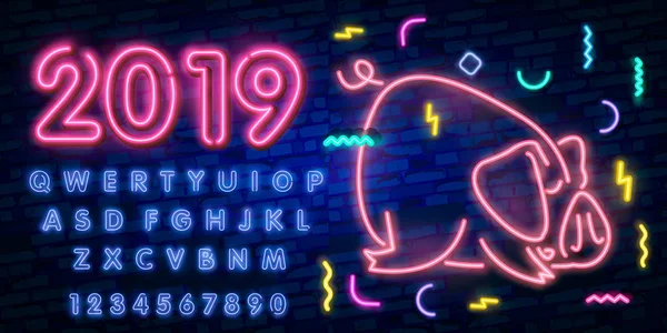 ネオン豚 2019 年のシンボルです ベクトル図 — ストックベクタ