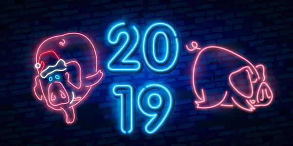 ネオン豚 2019 年のシンボルです ベクトル図 — ストックベクタ