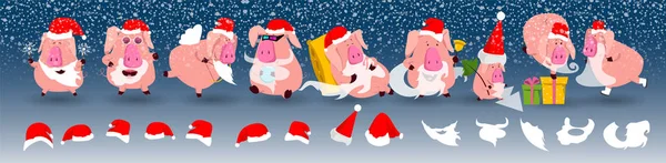 Conjunto Símbolo Chinês Porco 2019 Ano Com Emoções Diferentes Ilustração — Vetor de Stock
