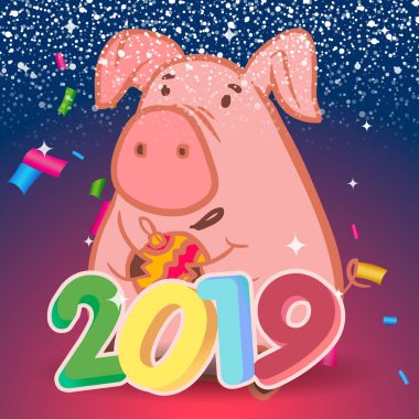 Şirin komik domuz. Yeni Yılınız Kutlu Olsun. 2019 yıl Çince sembolü. Mükemmel Festival hediye kartı.