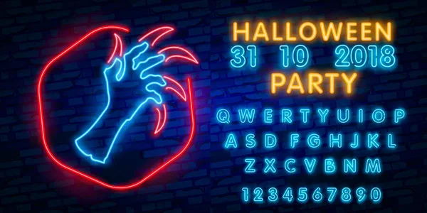 Velký Set Neon Logo Popisek Emblém Veselý Halloween Neon Sign — Stockový vektor