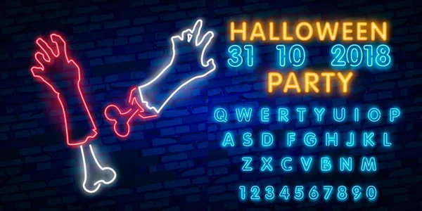 Velký Set Neon Logo Popisek Emblém Veselý Halloween Neon Sign — Stockový vektor