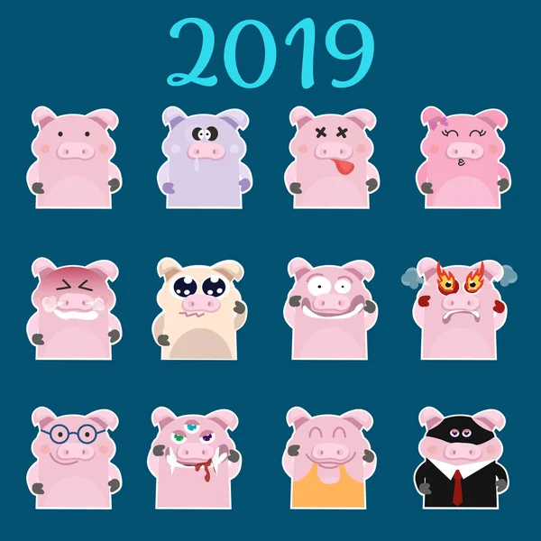 さまざまな感情と 2019 年豚の中国のシンボルのセットします 分離したベクトル図 — ストックベクタ