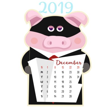 Aylık yaratıcı takvim 2019 ile şirin domuz. Kavramı, vektör dikey düzenlenebilir bir şablona. Çince takvim yılında sembolü. Çizgi film. İzole.