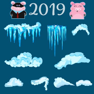 Kar kapaklar, kartopu ve snowdrifts ayarlayın. Kar cap vektör toplama. Kış dekorasyon öğesi. Karlı öğeleri üzerinde mavi arka plan.