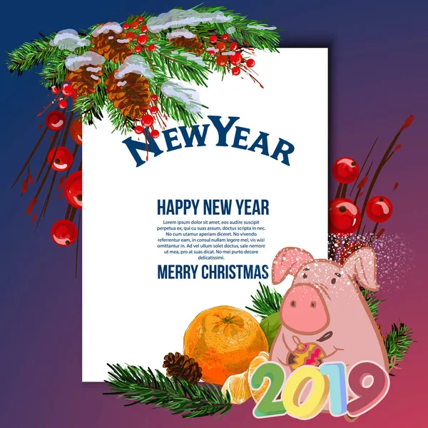 The pink little pig stands with paws on a white banner or a poster with letters Happy New Year 2019 on blue background. A vector illustration