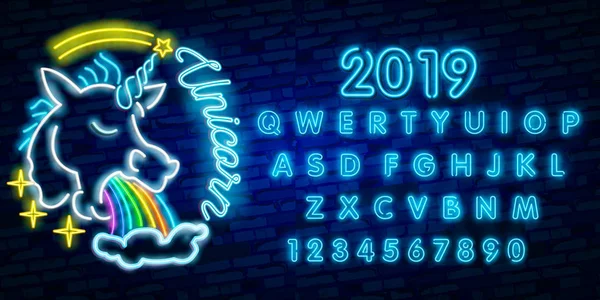 2019 année Panneau lumineux de licorne néon lumineux coloré. Illustration vectorielle en couches . — Image vectorielle