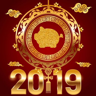 Komik porky, 2019 tarihinde Çin takvimine sembolü bir örnek ile vektör banner. Sarı dünyevi domuz, chine şanslı.