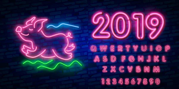 幸せな中国の旧正月 2019 デザイン テンプレート ベクトル 中国の新年の豚グリーティング カード 光のバナー ネオンのスタイル ベクトル図 — ストックベクタ