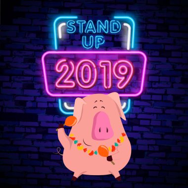 Stand Up komedi Show bir neon işarettir. Neon logo, parlak ışıklı afiş, neon poster, parlak gece reklam. Gösterisini hazır. Komedi göstermek için davet. Vektör. Metin neon işareti düzenleme