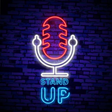 Stand Up neon işareti ayarlayın. Neon tabela, parlak tabela, ışık afiş.