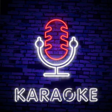 Karaoke neon belirtileri ayarlayın. Hafif bir logo, bir sembol, bir ışık afiş oluşur. Reklam parlak gece karaoke bar, parti, disko bar, gece kulübü. Canlı müzik.