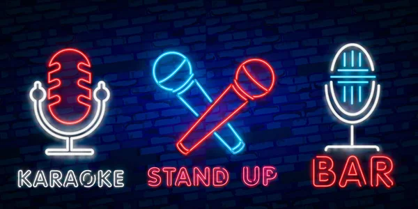 Karaoke Set Semne Neon Colecția Este Logo Luminos Simbol Banner — Vector de stoc