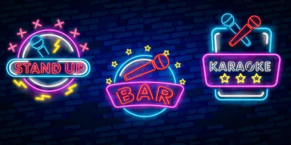 Karaoke Conjunto Sinais Néon Coleção Logotipo Leve Símbolo Banner Luz —  Vetores de Stock