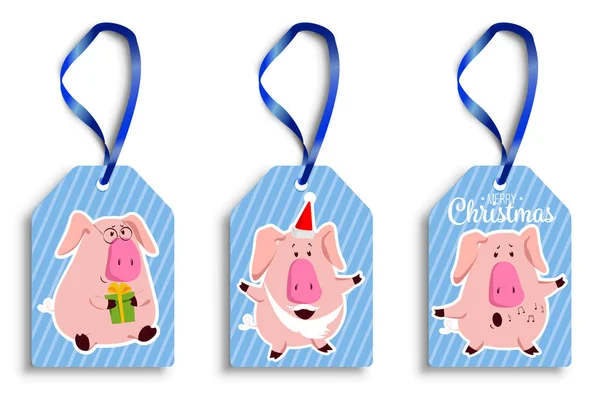 Conjunto Quatro Tags Outono Vetoriais Com Porcos Bonitos Ilustração Vetorial —  Vetores de Stock