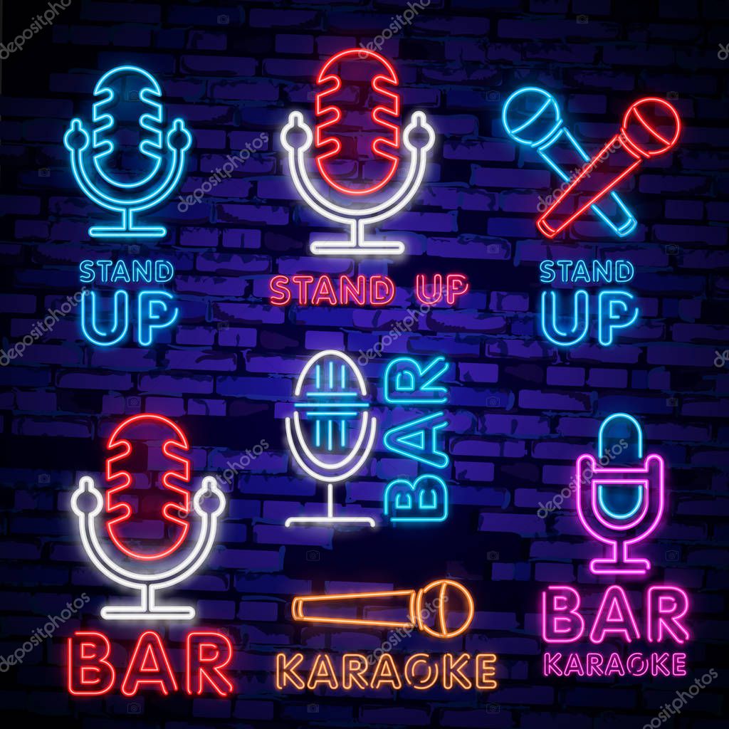 Set Stand Up neon sign. Neon sign, bright signboard, light banner.