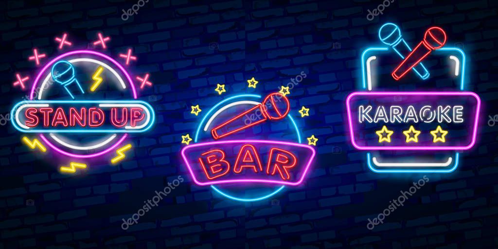 Karaoke conjunto de señales de neón. La colección es un logotipo de luz