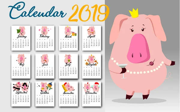 Ежемесячный творческий календарь 2019 года с симпатичной свиньей. Концепция, векторный вертикальный редактируемый шаблон. Символ года в китайском календаре. Мультфильм. Изолирована. Векторная иллюстрация . — стоковый вектор
